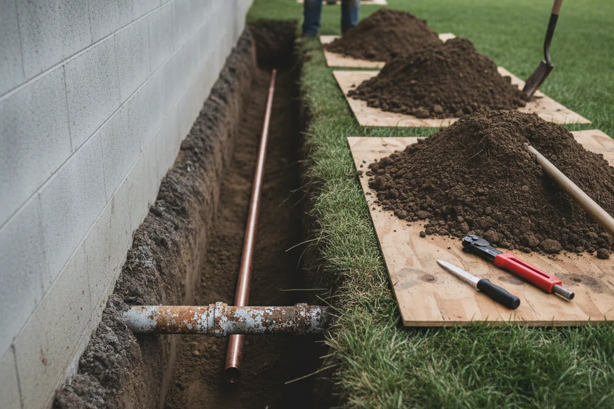 Excavated water line trench during Water Softener Installation in Thornton